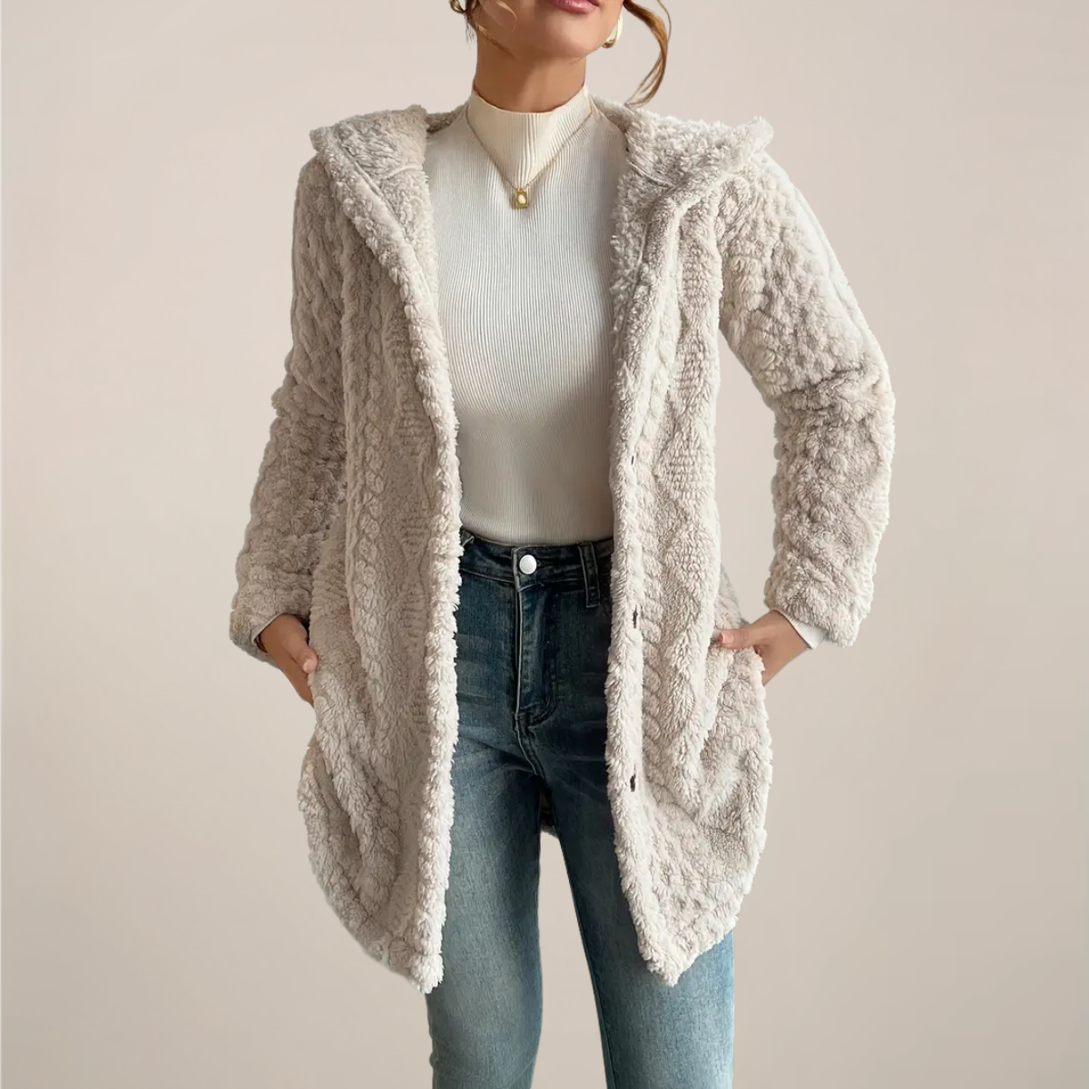 Damen Langer Strickjacke Mit Kapuze Und Strukturmuster | Offene Vorderseite