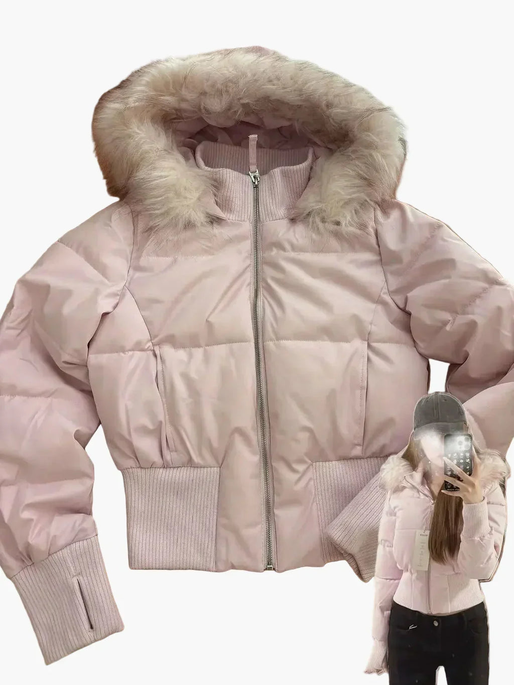 Damen Jacke Winter Kurze Pelz Mit Kapuze | Reissverschluss