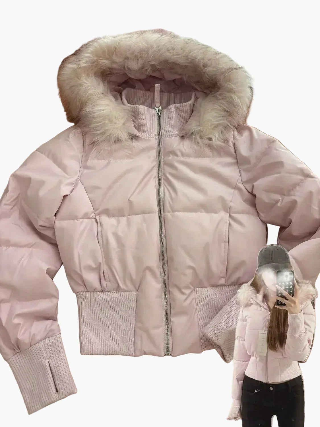Damen Jacke Winter Kurze Pelz Mit Kapuze | Reissverschluss
