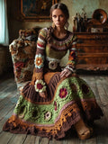 Damen Kleid Braunes Boho Vintage Strick | Langarm