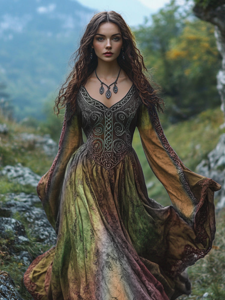 Damen Kleid Maxi Cape Langarm Besticktes | Halloween