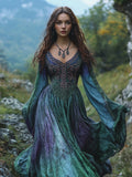Damen Kleid Maxi Cape Langarm Besticktes | Halloween
