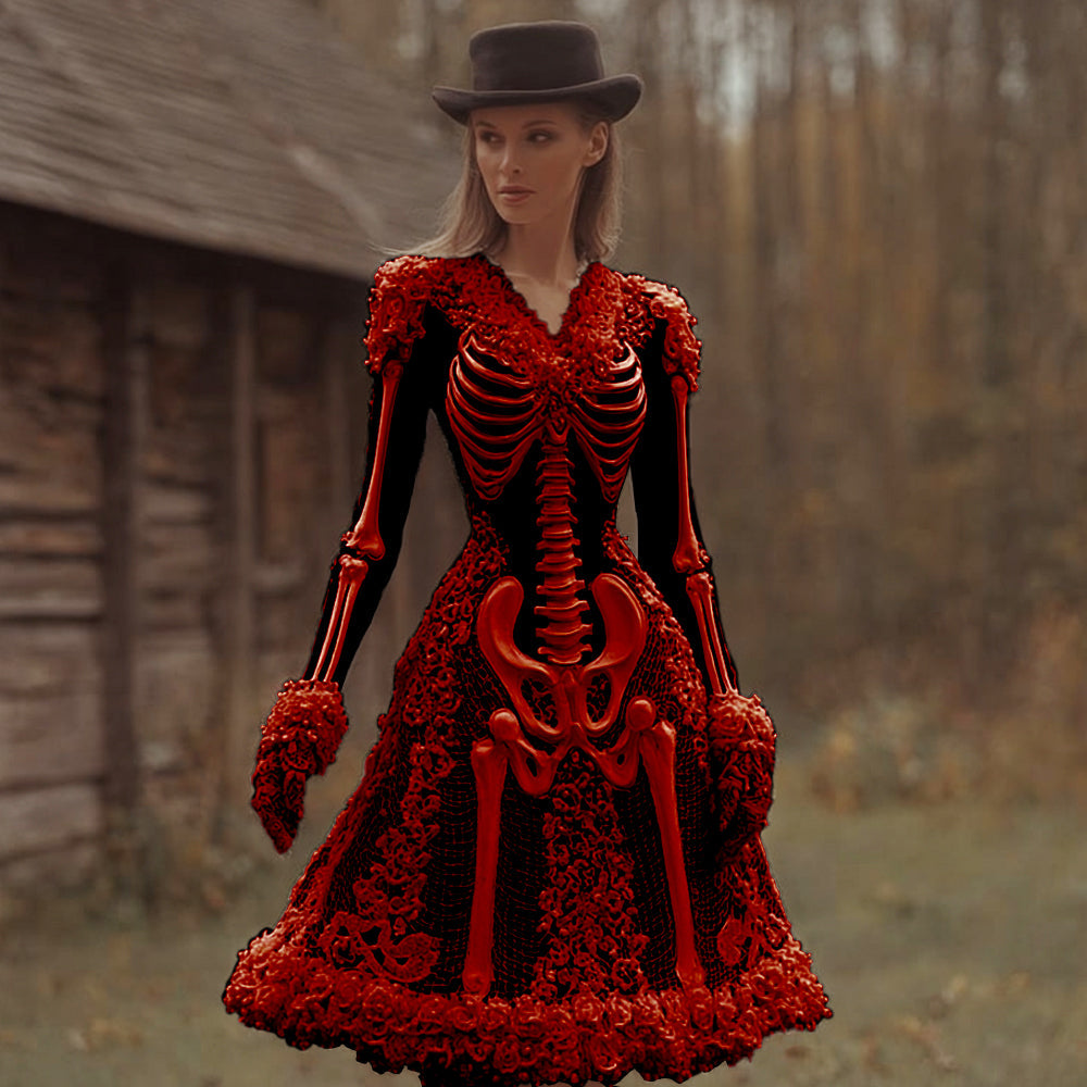 Damen Kleid Midi Vintage Langarm Halloween | Winter