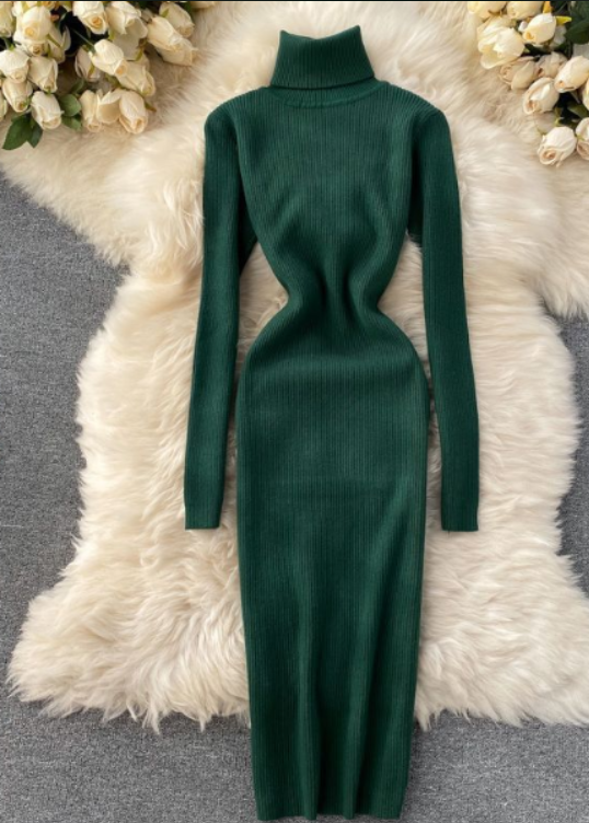 Damen Geripptes Maxikleid mit Rollkragen | Strick
