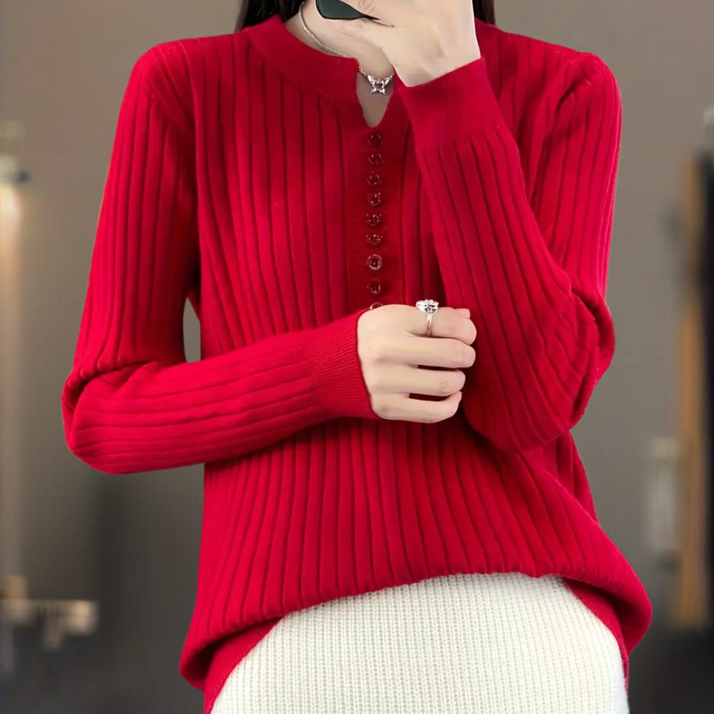 Damen-Rippstrickpullover | Knopfleiste