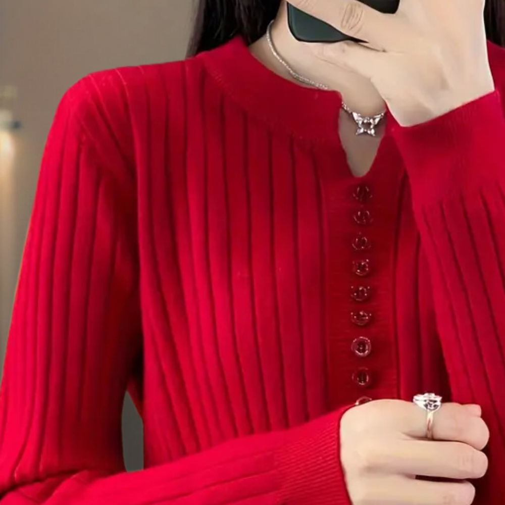 Damen-Rippstrickpullover | Knopfleiste